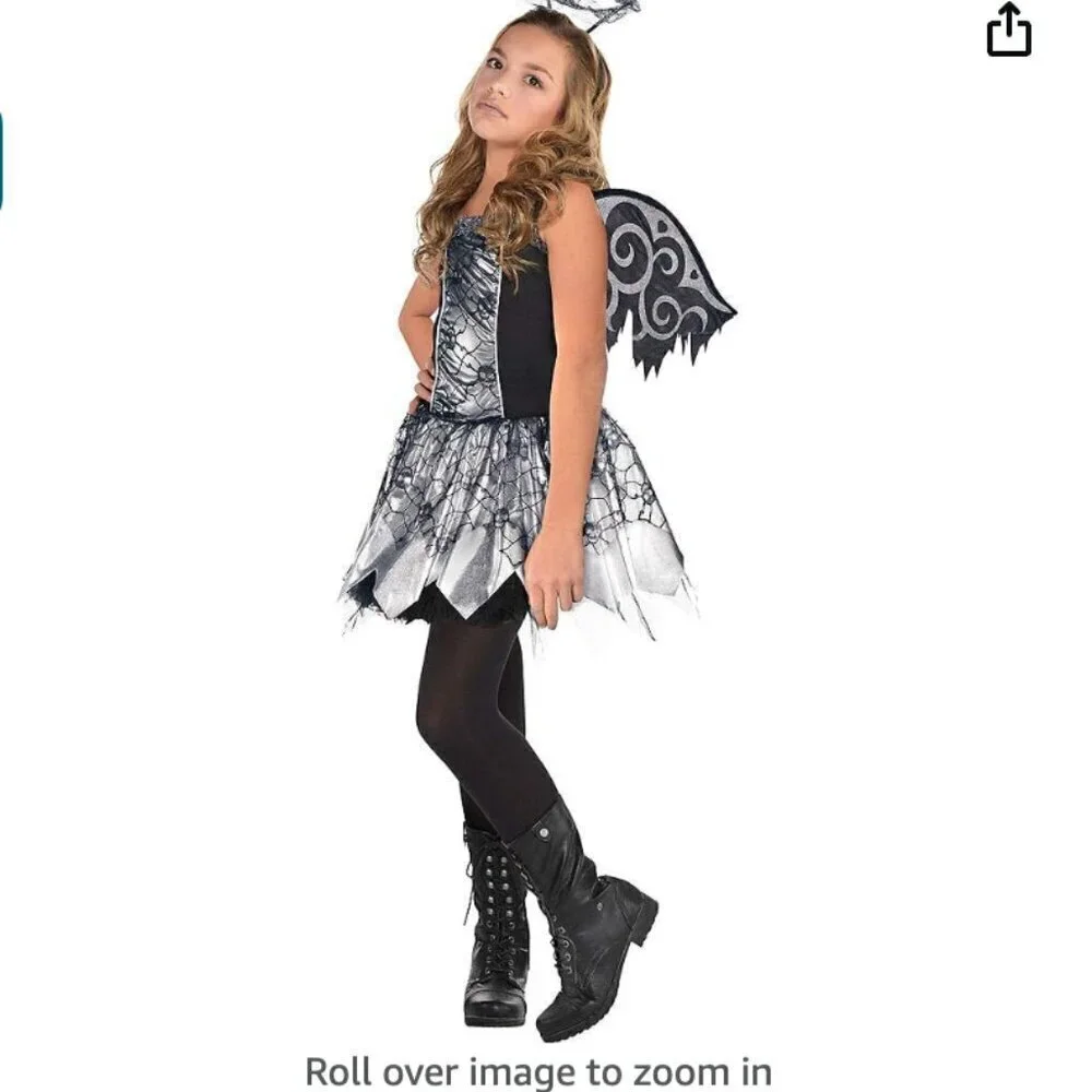COSTUMES USA Black Silver Fallen Angel Dark Fairy Princess Wings Halo Dress XL